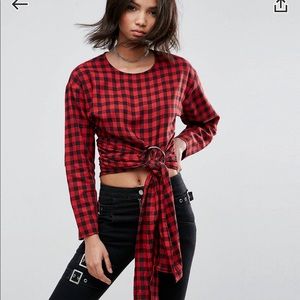 Check Long Sleeve Top W Hardware & Tie Detail